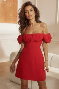 Sukienki - Karmine - czerwona mini sukienka hiszpanka z bufkami i dekoltem typu carmen