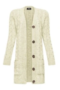 Swetry - Mikos damski sweter kardigan zapinany z kieszeniami splot warkocz 535 jasny beżowy