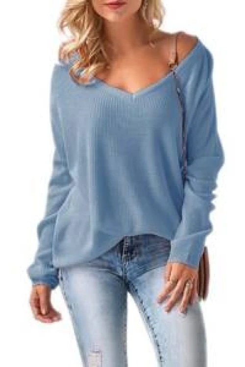Mikos luźny sweter damski w serek z dużym dekoltem w kształcie litery v 694 - jeans