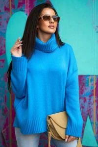 E-mikos - Luźny sweter damski me gusta z golfem oversize niebieski