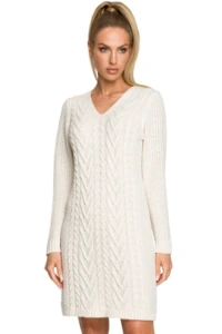 Swetry - Sweter sukienka dzianinowa z dekoltem v splot w warkocz kremowa