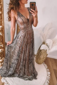 Sukienki - Czarna sukienka maxi ze złotym brokatem