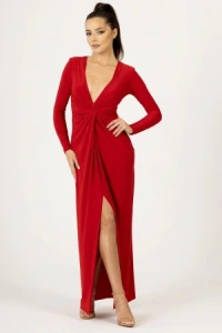 Sukienki - Czerwona sukienka maxi z dekoltem w szpic i drapowaniem brigette