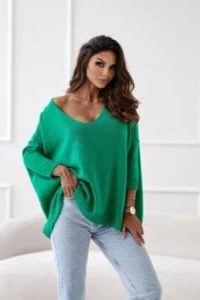 E-mikos - Luźny sweter damski w serek me gusta zielony