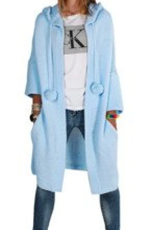 Mikos płaszcz dzianinowy długi luźny sweter kardigan z kieszeniami damski z długim rękawem z pomponami i kapturem 693 niebieski