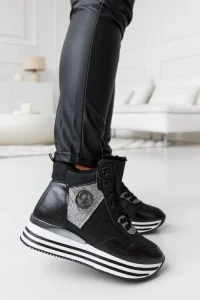 Trampki - Czarne ocieplane sneakersy z brokatem deleon