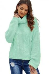 Swetry - Mikos ciepły luźny sweter damski w warkocz z golfem 692 jasno miętowy