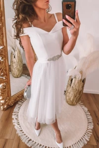 Suknie ślubne - Rozkloszowana sukienka midi z opadającymi rękawkami, biała