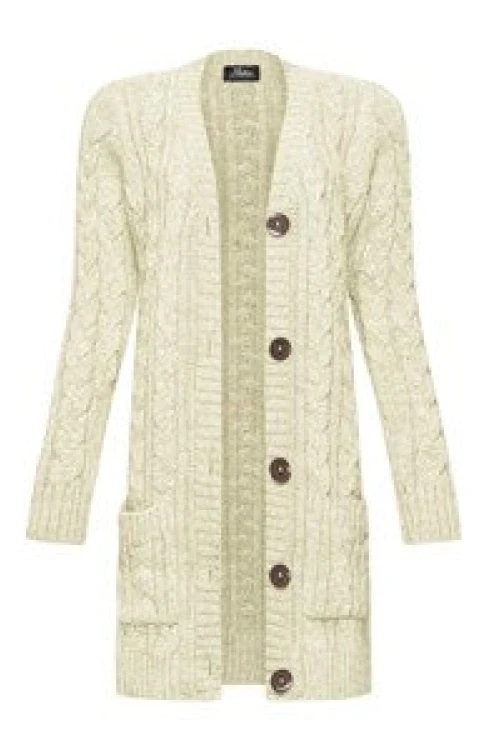 Mikos damski sweter kardigan zapinany z kieszeniami splot warkocz 535 jasny beżowy