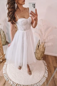 Suknie ślubne - Biała sukienka gorsetowa o długości midi