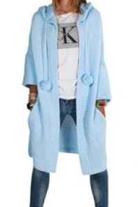 Swetry - Mikos płaszcz dzianinowy długi luźny sweter kardigan z kieszeniami damski z długim rękawem z pomponami i kapturem 693 niebieski