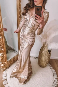 Sukienki - Złota syrenka z cekinami z długim rękawem