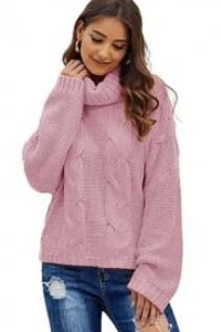 Swetry - Mikos ciepły luźny sweter damski w warkocz z golfem 692 różowy