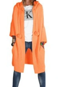 Swetry - Mikos płaszcz dzianinowy długi luźny sweter kardigan z kieszeniami damski z długim rękawem z pomponami i kapturem 693 pomarańczowy