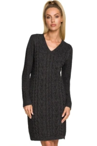 Swetry - Sweter sukienka dzianinowa z dekoltem v splot w warkocz grafitowa