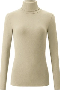 E-mikos - Dopasowany cienki sweter golf damski bawełniany w prążki z długim rękawem 705 jasny beż