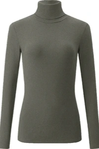 Swetry - Dopasowany cienki sweter golf damski bawełniany w prążki z długim rękawem 705 grafitowy