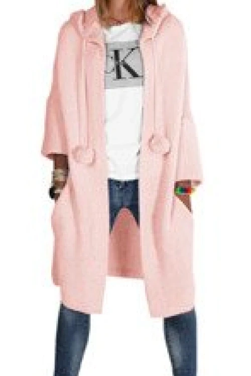 Mikos płaszcz dzianinowy długi luźny sweter kardigan z kieszeniami damski z długim rękawem z pomponami i kapturem 693 różowy