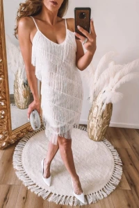 Sukienki - Cekinowa mini z frędzlami, biała
