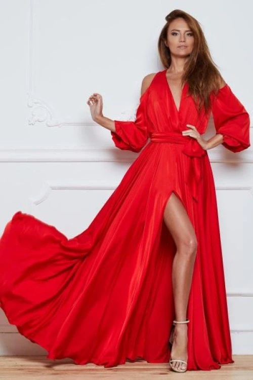 Czerwona satynowa duga sukienka angelina