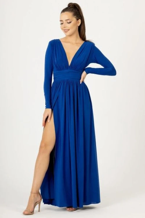Niebieska duga sukienka wieczorowa z rozciciem na nog adelle