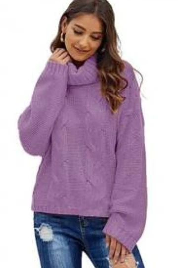 Mikos ciepły luźny sweter damski w warkocz z golfem 692 fioletowy