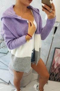 Swetry - Sweter z kapturem trzykolorowy fioletowy+ecru+szary 2019t15