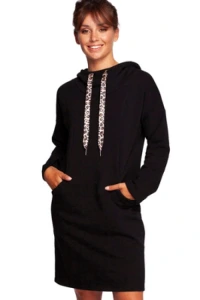 Sukienki.shop - Sukienka bluza z kapturem i kieszeniami baweniana czarna