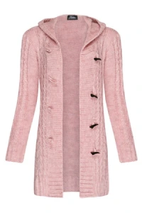 Swetry - Mikos damski sweter kardigan z kapturem warkocz 951 różowy
