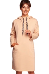 Sukienki.shop - Sukienka bluza z kapturem i kieszeniami baweniana beowa