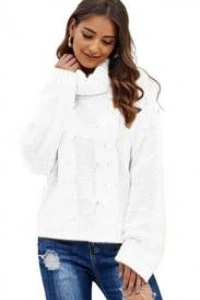 Swetry - Mikos ciepły luźny sweter damski w warkocz z golfem 692 biały