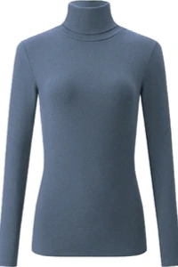 Swetry - Dopasowany cienki sweter golf damski bawełniany w prążki z długim rękawem 705 jeans