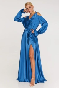 Sukienki - Niebieska satynowa duga sukienka angelina
