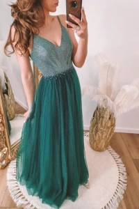 Lilith-sklep.pl - Zielona sukienka z perełkami na cienkich ramiączkach