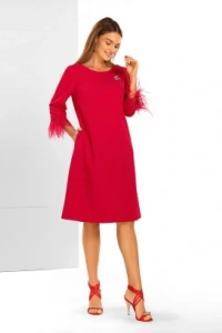 POZA - Paule Czerwień Elegancka Sukienka Z Piórami