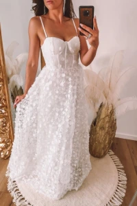 Suknie ślubne - Biała sukienka gorsetowa z naszywanymi kwiatami