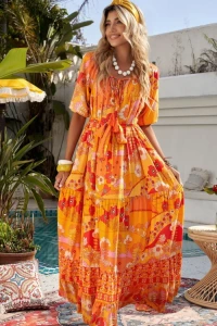 Butik-fashion - Sukienka maxi w kwiaty pomaraczowa paradise