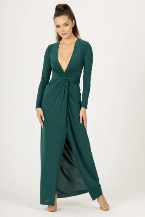 Zielona sukienka wieczorowa maxi z gbokim dekoltem brigette