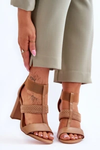 Sandały - Skórzane sandały botki na obcasie camel marren