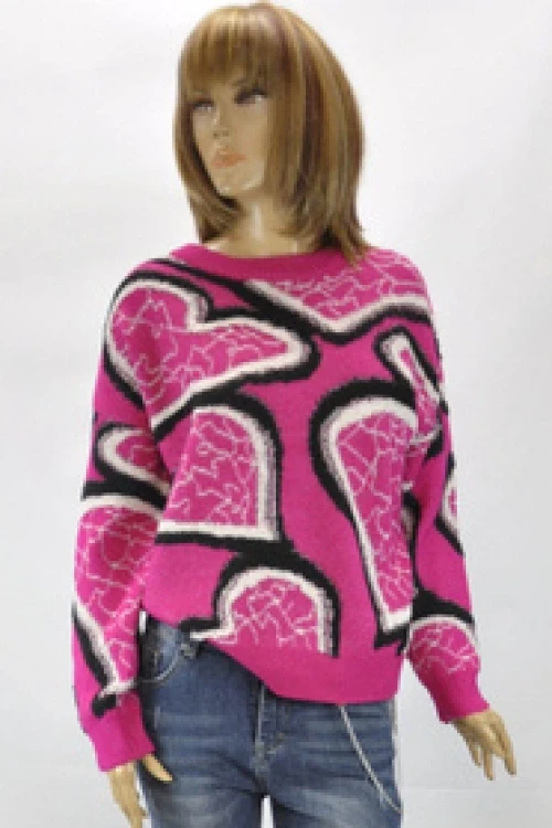 Sweter damski z długim rękawem wzór serca różowy