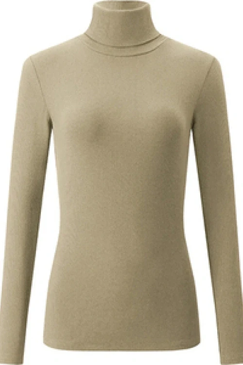 Dopasowany cienki cienki sweter golf damski bawełniany w prążki z długim rękawem 705 beż