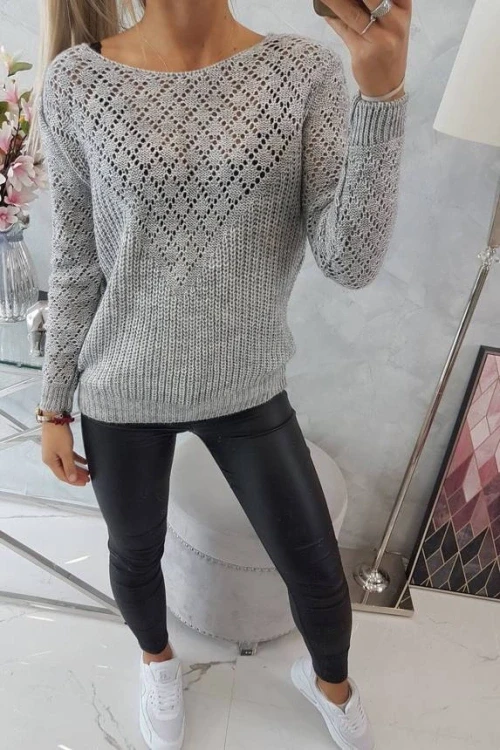 Sweter z ażurowym zdobieniem szary 2019t39