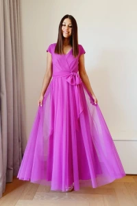 Sukienki - Rozkloszowana sukienka z brokatem i siatką