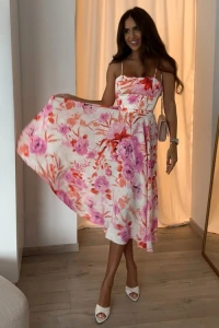 Sukienki - Donatella - komplet spódnica + bralet z gorsetowym dekoltem w kwiatowy wzór