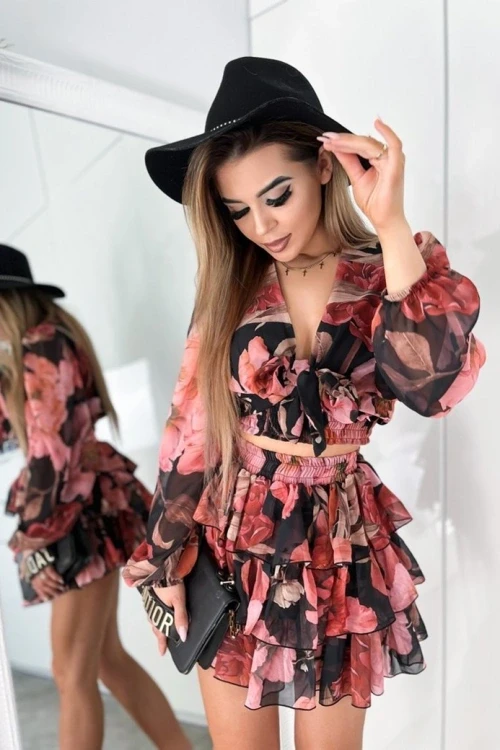 Komplet szyfonowy w kwiaty top i spdniczka jeanne n357