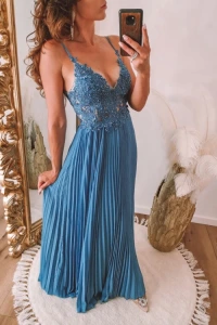 Lilith-sklep.pl - Plisowana sukienka maxi z koronkową górą jeansowa