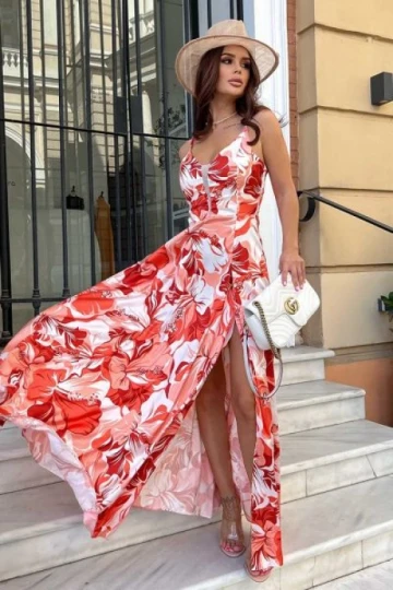 Satynowa sukienka maxi w pomaraczowe kwiaty na wesele kandice