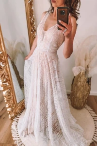Lilith-sklep.pl - Biała sukienka maxi posypana brokatem