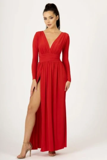 Czerwona sukienka wieczorowa maxi z rozporkiem adelle