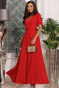 Sukienki - Czerwona sukienka na wesele z krtkim rkawkiem bellinda